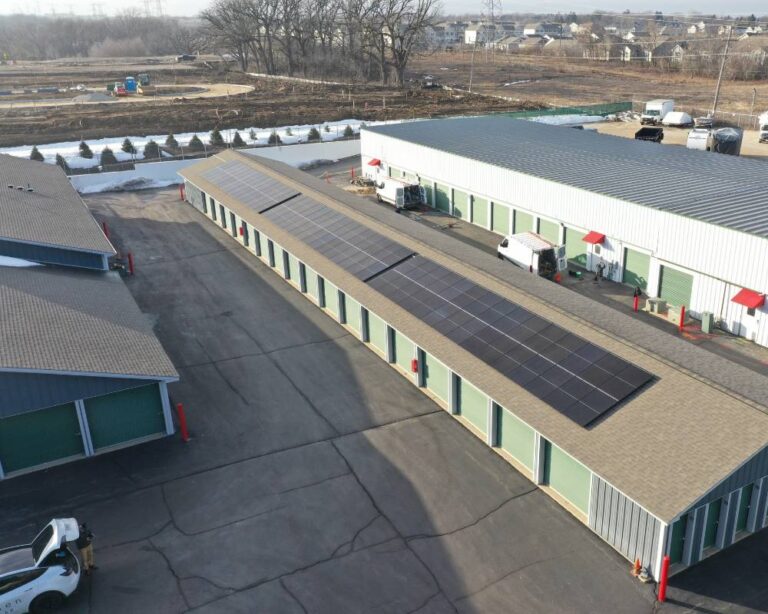 A rooftop view of Liberty Storage's Solar Panel Installation